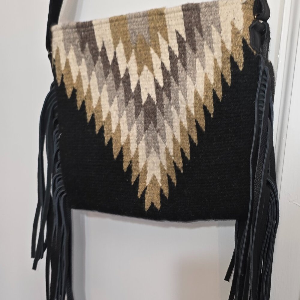 MZ Wool Suede Fringe Crossbody Bag Southwestern Zapotec-Inspired Pattern